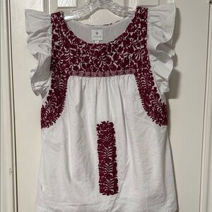 J Marie White and Burgundy Embroidered Blouse